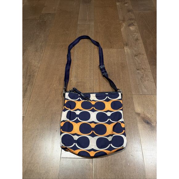 Coach Signature Crossbody Bag Adjustable Strap Navy Blue/Orange - Picture 2 of 4